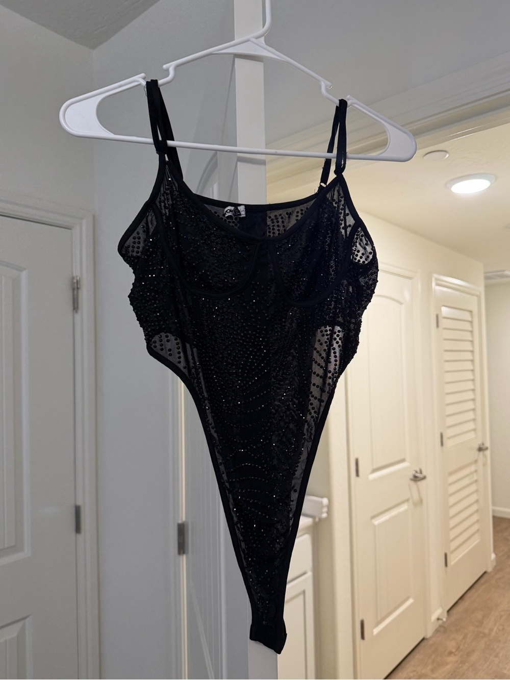 Black Sheer Mesh Rhinestone Bodysuit